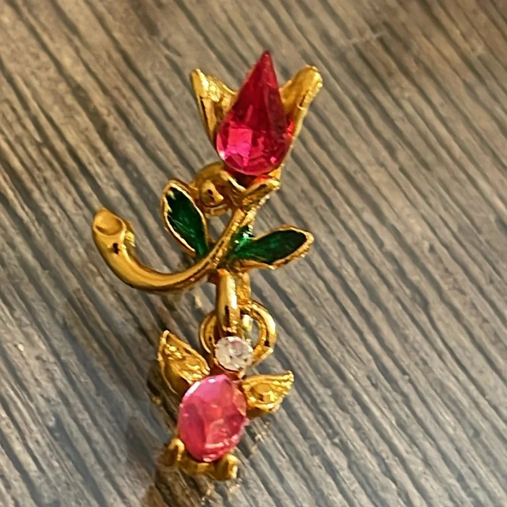 Vintage Tulip with a Dangling Angel Charm Gold-tone with Pink Rhinestones